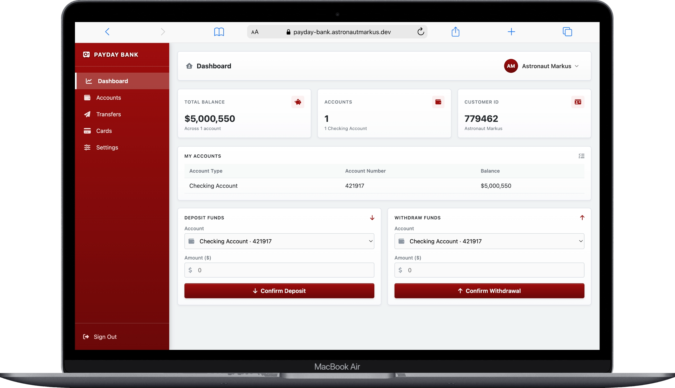 PAYDAY BANK — Dashboard screenshot